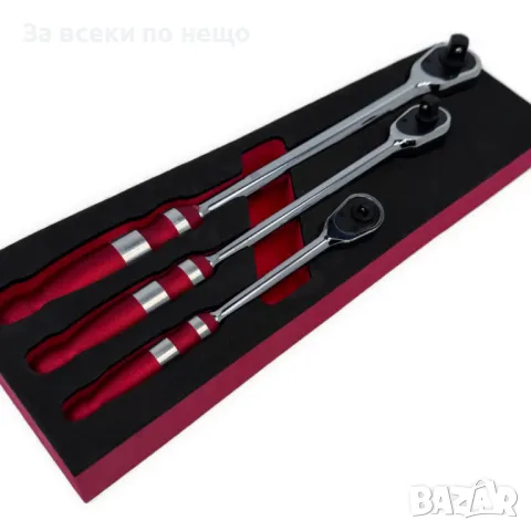 Комплект удължени, усилени тресчотки с плоска глава и функция за обръщане 3 части 1/4", 3/8" и 1/2" 