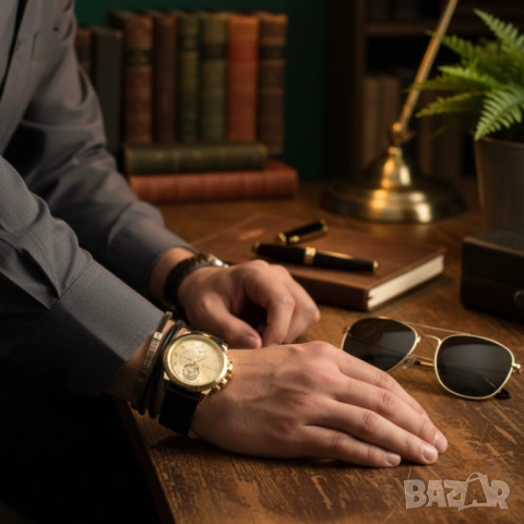 Елегантен мъжки комплект – часовник с черна каишка и гривна с метален щит, снимка 2 - Други - 51947391