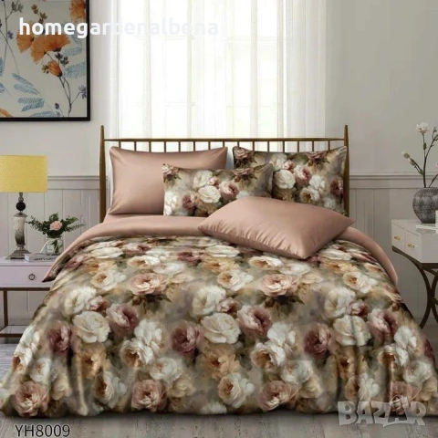 Луксозно спално бельо памучен сатен флорални десени 4 части двоен комплект с ластик