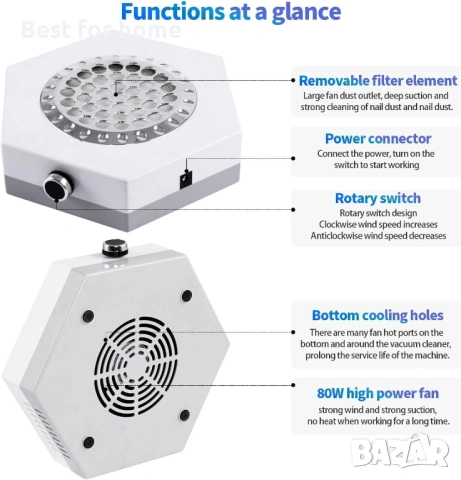 Прахоуловител за нокти, 80W мощен прахоуловител за нокти, вентилатор, прахосмукачка, снимка 5 - Прахосмукачки - 53573228
