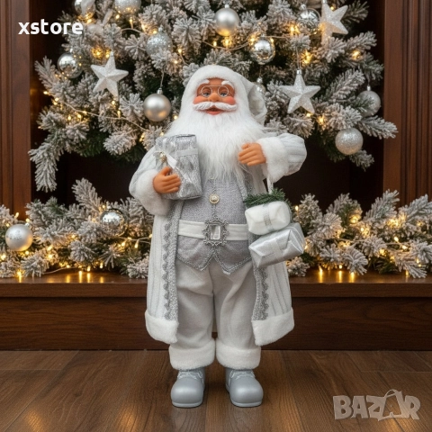 Дядо Коледа в сребристо – празнична фигура, която носи магия и уют у дома (50 / 70 см)