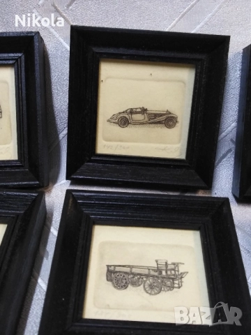 Колекция от 6 миниатюрни рамкирани илюстрации графики с лимитиран тираж на автомобили, снимка 6 - Антикварни и старинни предмети - 51857664