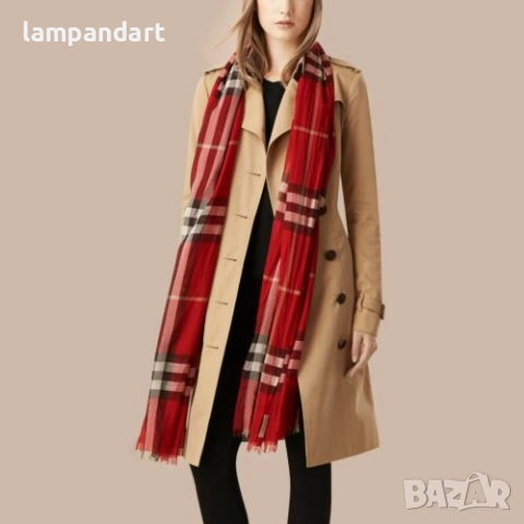 Червен кашмирен шал Burberry подарък за жена, снимка 2 - Шалове - 35140065