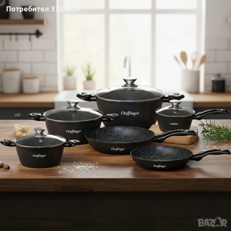 Комплект съдове за готвене Cheffinger от 10 части – тенджери и тигани с мраморно покритие за всички , снимка 1