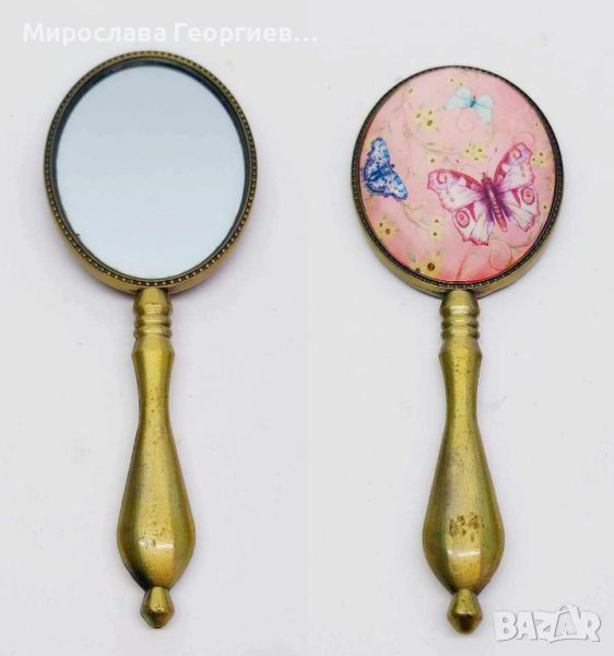Английско ръчно огледалце от месинг с красив гръб с пеперуди в оригиналната си кутия , снимка 1