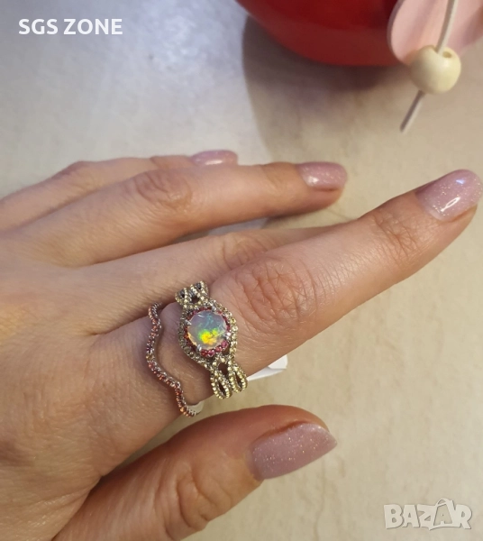 СРЕБЪРЕН ДВОЕН ПРЪСТЕН С ЦЕНТРАЛЕН ОПАЛ И САПФИР, снимка 1