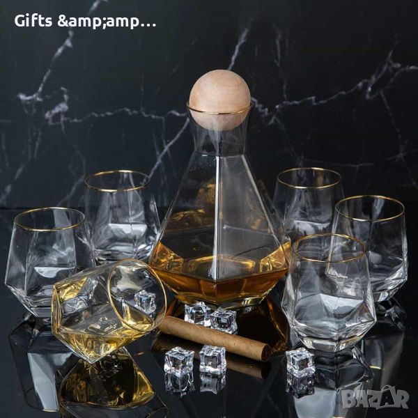 Комплект чаши за уиски 6 броя - стъкло със златен кант+ декантер, снимка 1
