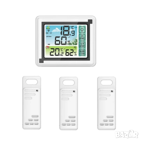 Метеорологична станция, 3 безж. предавателя, обхват 60м, LCD екран, снимка 1