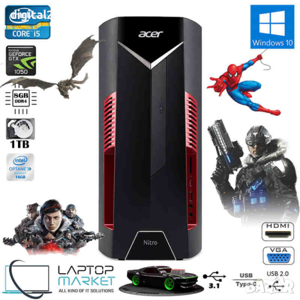 Gamin Компютър Acer Nitro N50-600 ,Intel Core i5-8600 ,16GB DDR4,SSD-512+2TB ,Nvidia GTX1070ti-8GB, снимка 1