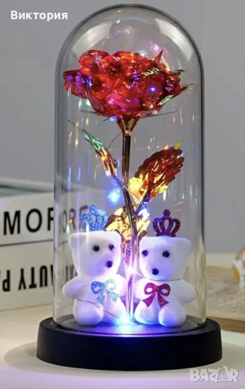 Чисто нова светеща декоративна „Вечна роза“ под стъклен купол с две мечета, снимка 1
