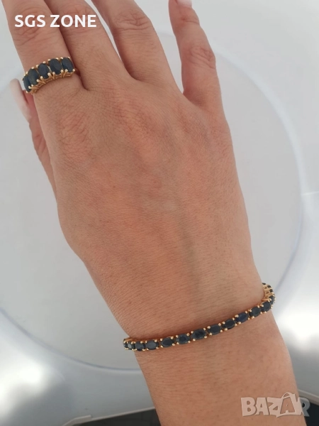 сребърна гривна с естествени сапфири, позлатена, снимка 1