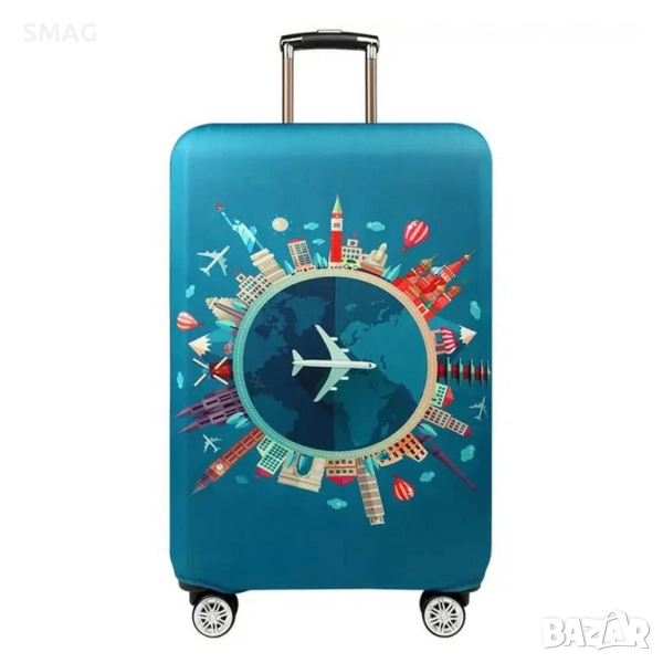 Защитно покривало за куфар, зелено с щампа на световни забележителности_1237142, снимка 1