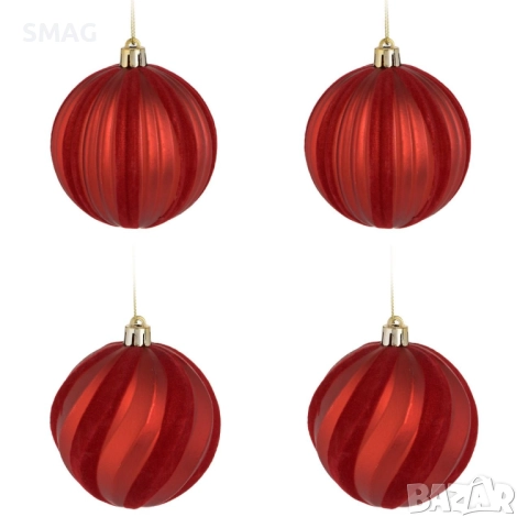 Комплект коледни топки за елха – червени матови с кадифени райета Ø10 см – 4 броя_1241005
