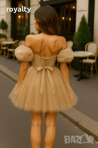 Къса разкроена рокля с паднали ръкави от тюл в бежово, снимка 2 - Рокли - 53528169