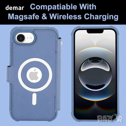 Калъф-портфейл VANAVAGY за iPhone 16E, безжично зареждане Magsafe, син, снимка 7 - Калъфи, кейсове - 50020699