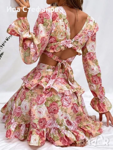 Нова разкошна елегантна рокля флорален принт цветя рязана в талията , снимка 3 - Рокли - 49380226