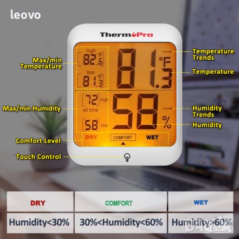 Високоточен дигитален термометър с хигрометър - ThermoPro TP53, снимка 11 - Други стоки за дома - 45209219