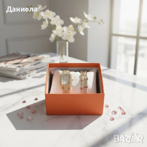 Луксозен дамски комплект: часовник и гривни в златист цвят, снимка 2 - Дамски - 52566741
