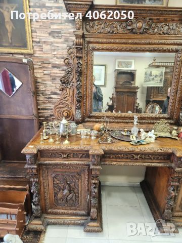 Старинен бюфет/писалище с огледало и дърворезба, снимка 1 - Бюфети - 45283364