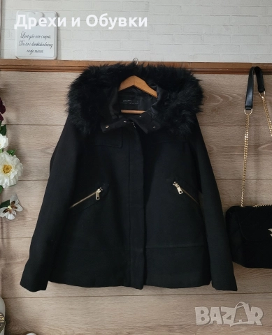 Черно зимно палто с качулка и пух , снимка 3 - Палта, манта - 52710175