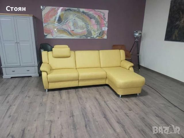 Жълт кожен ъглов диван с лежанка Zehdenick KS4975 и релакс механизъм, снимка 1 - Дивани и мека мебел - 45559939