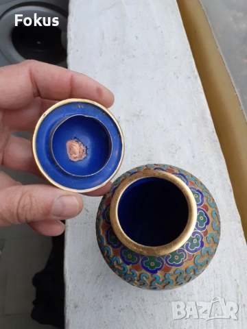 Клоазоне cloisonne клетъчен емайл бронз ваза буркан, снимка 5 - Антикварни и старинни предмети - 53335704