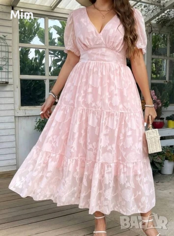 3XL Розова дълга рокля с къс ръкав 