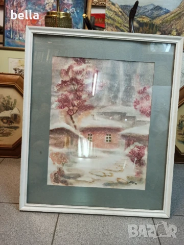 Рамкиран акварел с паспарту на художника Ангел Шарлиев -Първи сняг в Боженци., снимка 4 - Антикварни и старинни предмети - 50554306