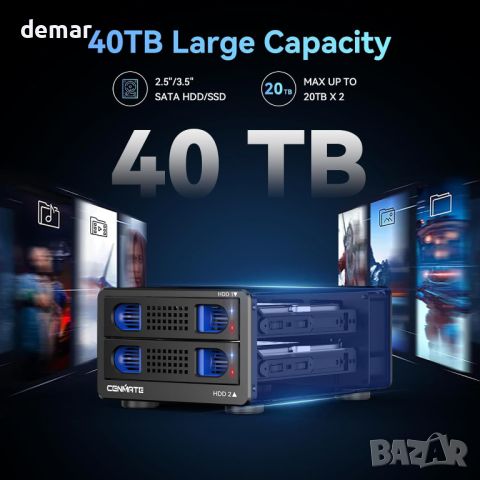 CENMATE 2 Bay RAID кутия с вентилатор за 2.5/3.5" SATA HDD/SSD, 40 ТВ, снимка 2 - Други - 46430368