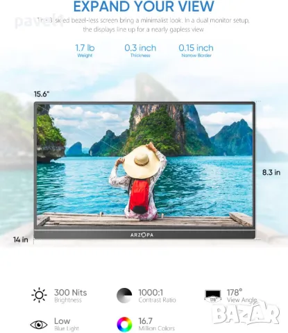 НОВ Преносим монитор ARZOPA, 15.6", FHD, HDR 1080P, USB C към HDMI, IPS дисплей, черен, снимка 2 - Монитори - 49458078