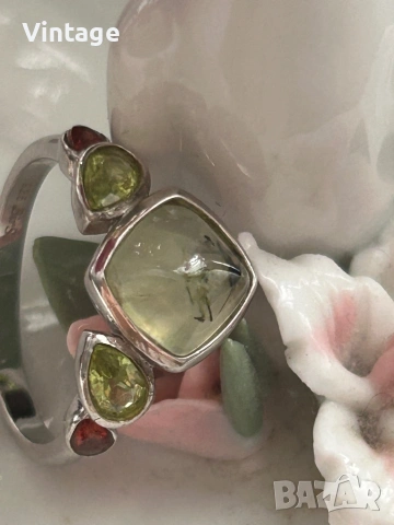 Марков сребърен пръстен с естествени камъни зелен рутилов кварц, перидот и гранат , снимка 7 - Пръстени - 53996195