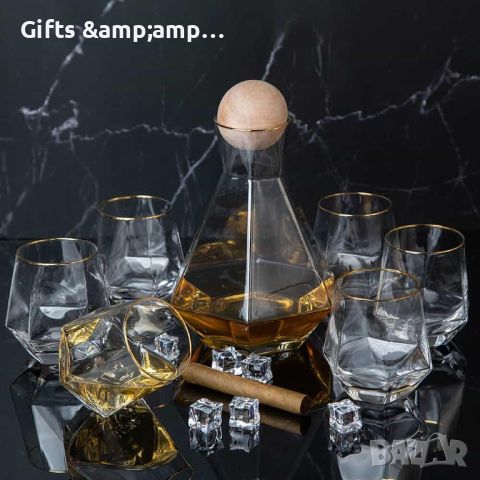 Комплект чаши за уиски 6 броя - стъкло със златен кант+ декантер, снимка 1 - Чаши - 46446526