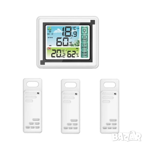 Метеорологична станция, 3 безж. предавателя, обхват 60м, LCD екран