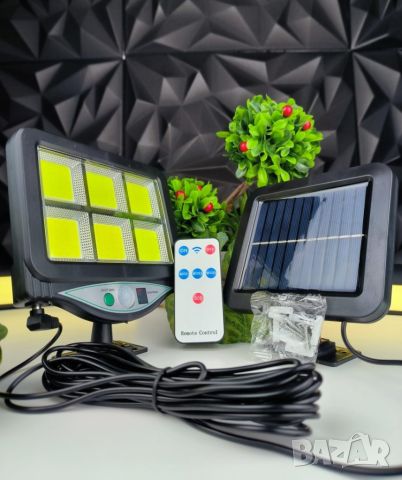 Лампа с отделен соларен панел и 128 cob led диода с 3 режима,дистанционно, снимка 1 - Соларни лампи - 46323686