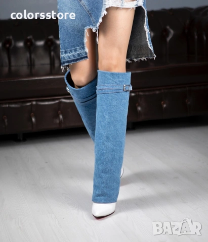 Ботуши на ток - деним и бяла кожа - KD100