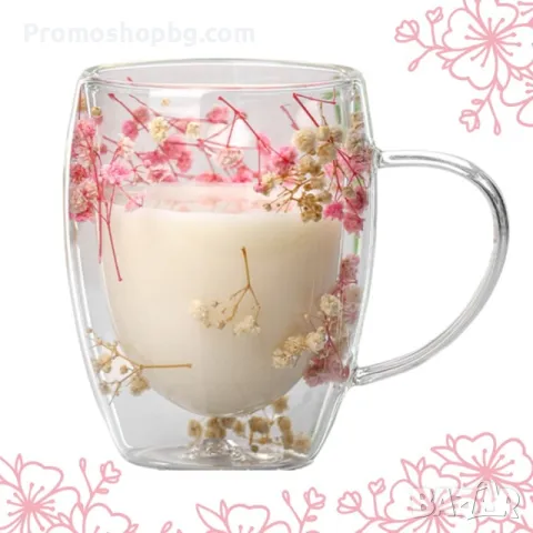 Двустенна Стъклена чаша със сухи цветя, боросиликатно стъкло, 300 мл