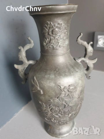 30см-3кг стара китайска бронзова ваза /фигурална/с птици и рози, снимка 2 - Антикварни и старинни предмети - 52550801