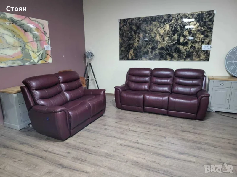 Кожен комплект дивани цвят бордо тройка и двойка с ел.релакс механизъм, снимка 1