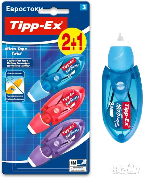 Коригираща лента за писалка BIC Tipp-Ex, оптимална за ученически пособия, усукваща се микро лента, снимка 1