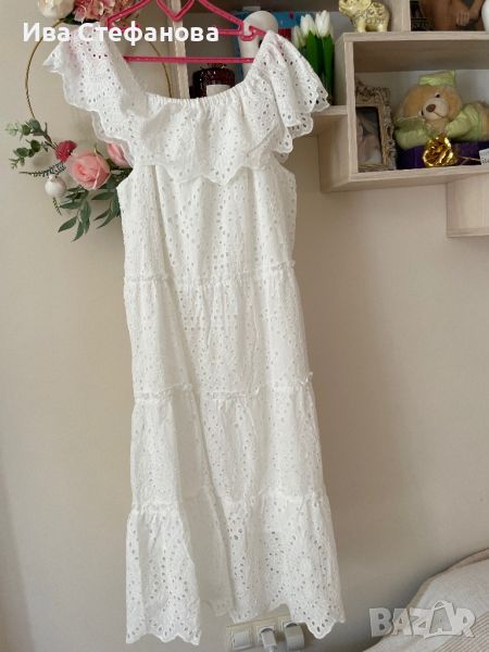 Бяла нова разкошна дълга дантелена елегантна кукленска ажурна рокля ажур 100 % памук памучна, снимка 1