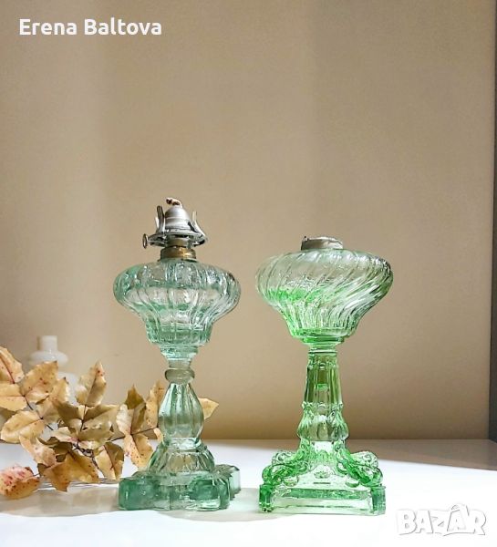 🍃🌾🌿Керосинова газена лампа от зелено стъкло , снимка 1