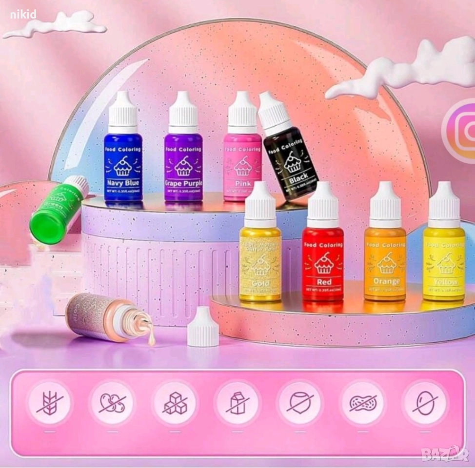 10 цвята течна сладкарска боя оцветител за фондан крем сметана тесто декорация украса, снимка 1