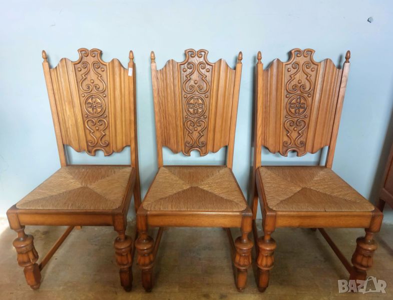 6 броя трапезни столове от дъбов масив с ратанови седалки, снимка 1