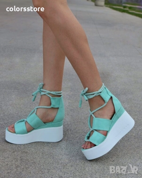 Сандали на платформа - мента велур с бяло ходило - 311 , снимка 1
