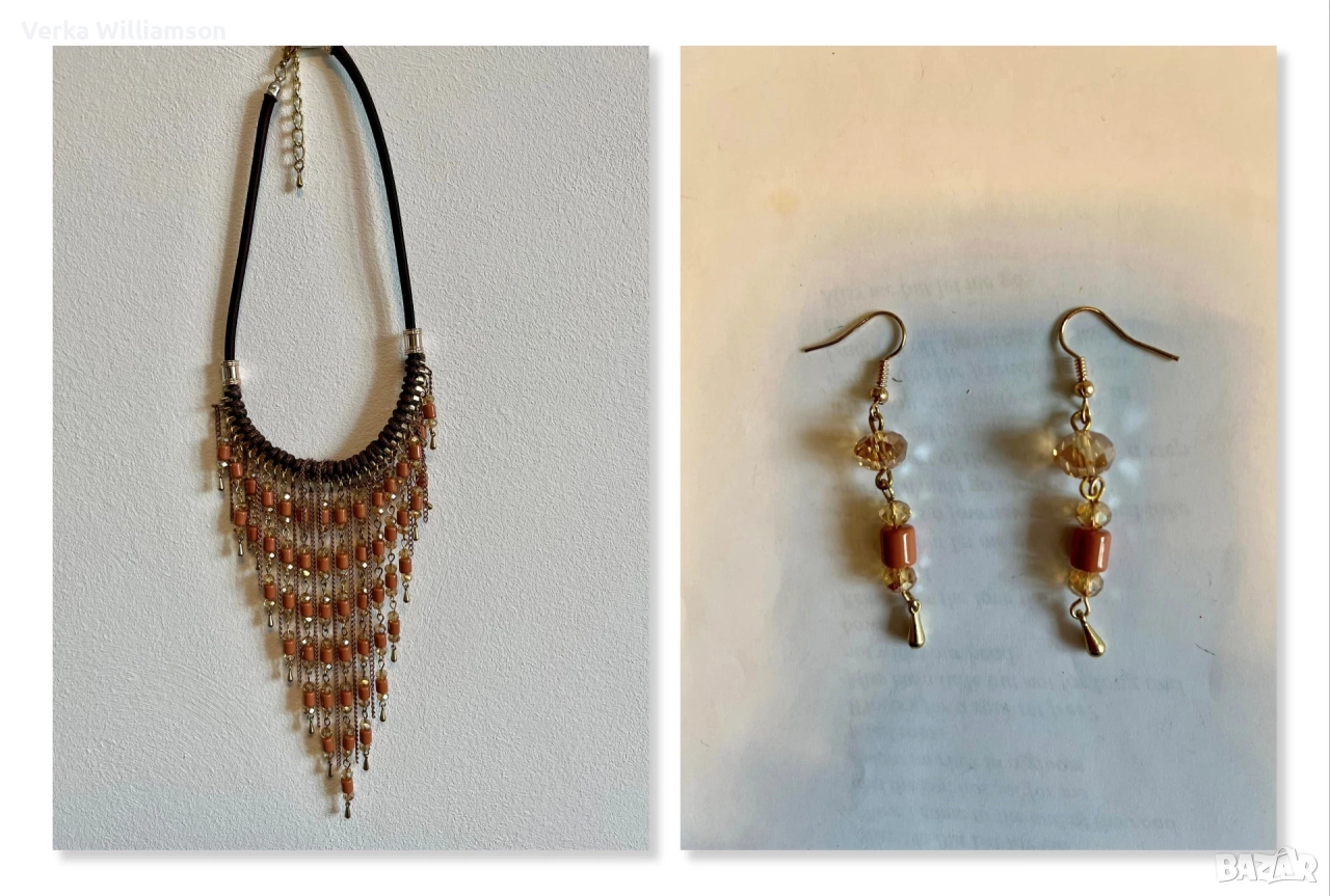 Кафяв комплект колие с обици от турманиеви мъниста модел 92, снимка 1