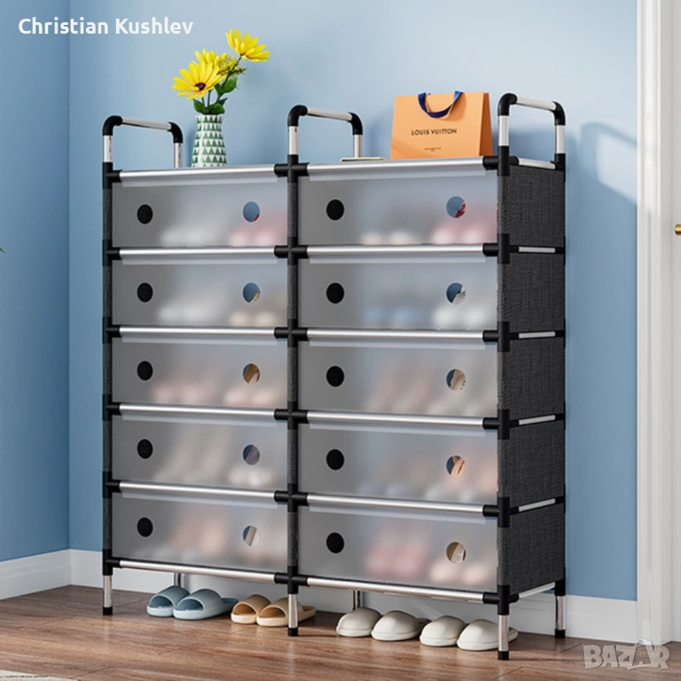 Многоетажен шкаф за обувки с прозоречни врати и голям капацитет, снимка 1