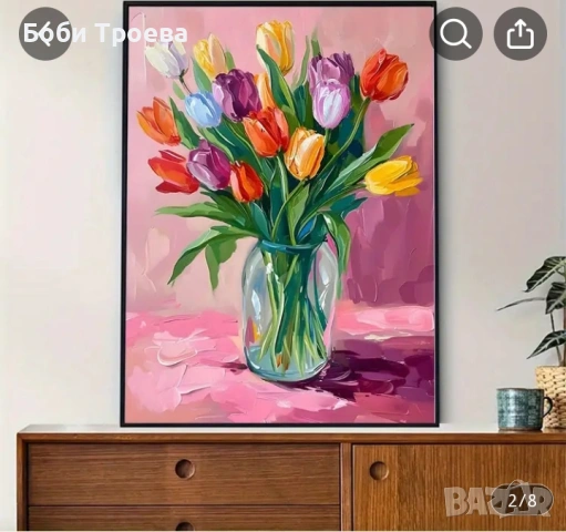 Ярка цветна живопис със силни щрихи, Многоцветни лалета , снимка 4 - Картини - 53019769
