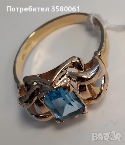 Златен пръстен 18К с син топаз , снимка 4 - Пръстени - 53748478