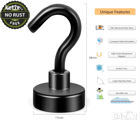 Черни магнитни куки,комплект от 10 броя, снимка 2 - Други стоки за дома - 53734764