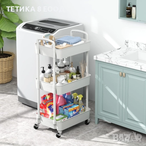 Количка с колела, 3 рафта, 39 x 29 x 76 см, пластмаса/метал, бяла., снимка 4 - Бюфети - 52317546